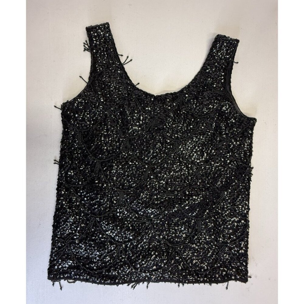 Vintage Black Sequin Beaded Fringe Tank Top Small ? Wool Evening Elegant 60s VTG